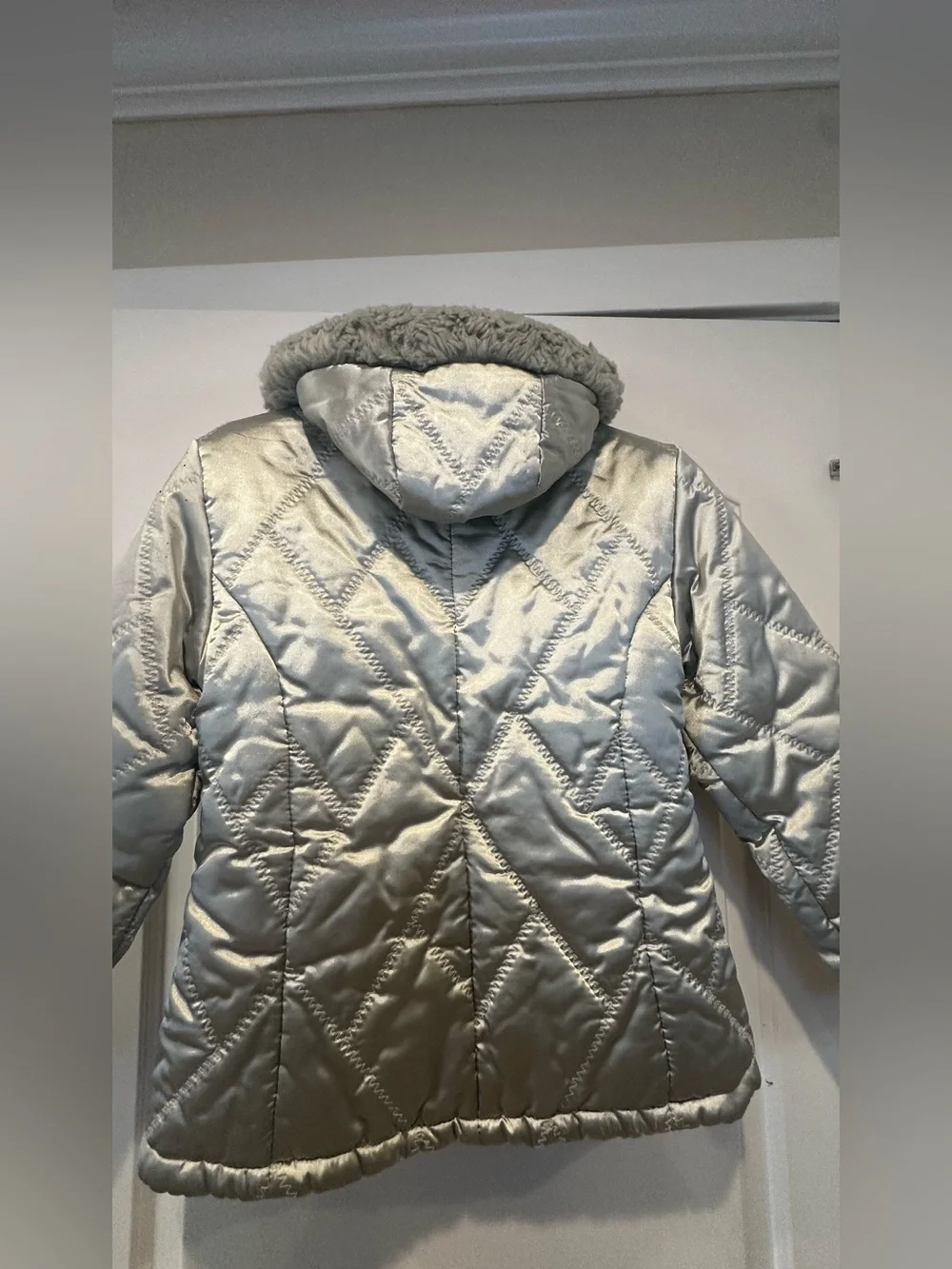 GENERATION Y Shimmery Silver Quilted Puffer with Faux Fur Trim